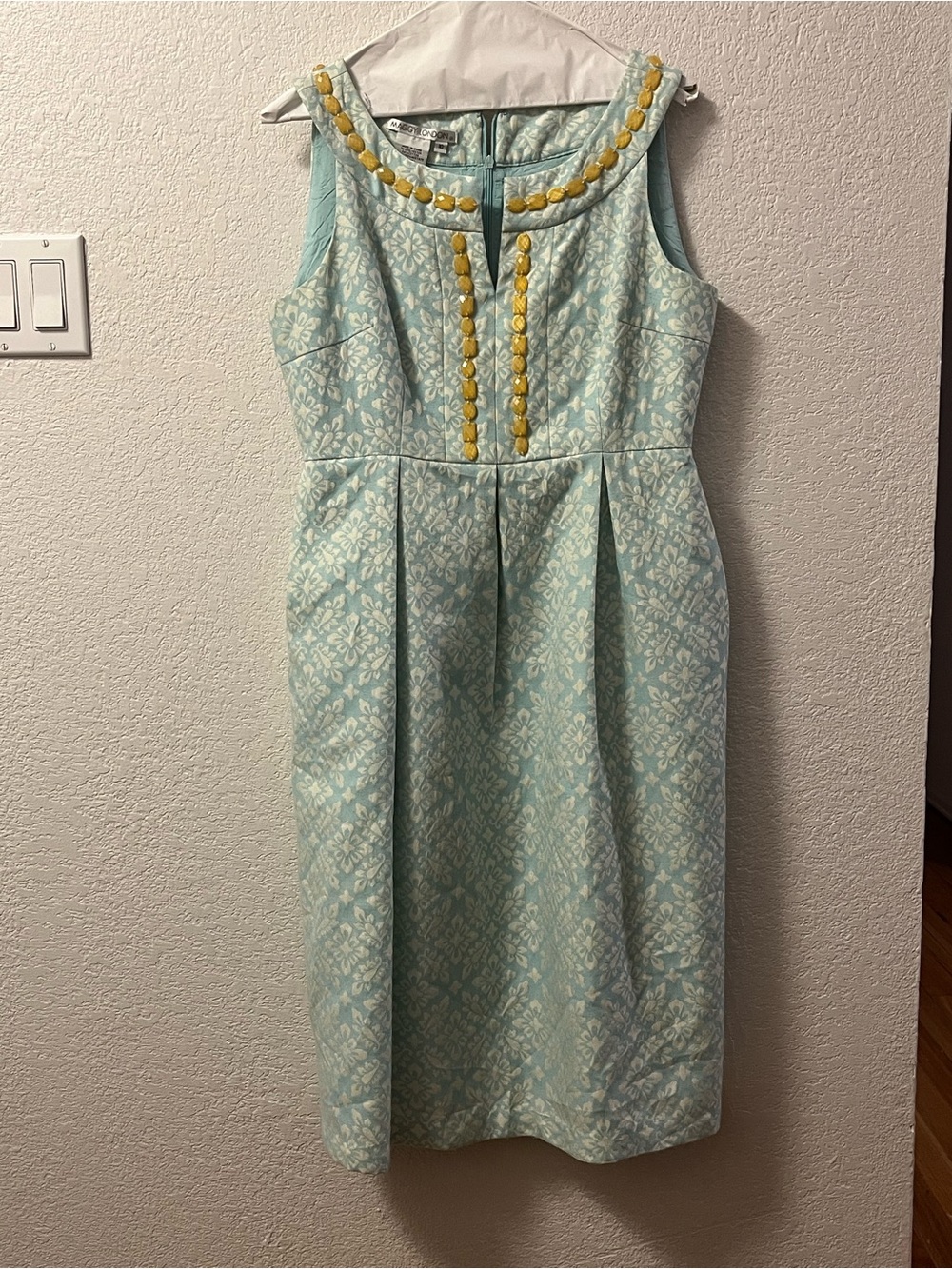Maggy London Light Blue Jacquard Sheath Dress with Yellow Trim - Picture 2 of 4